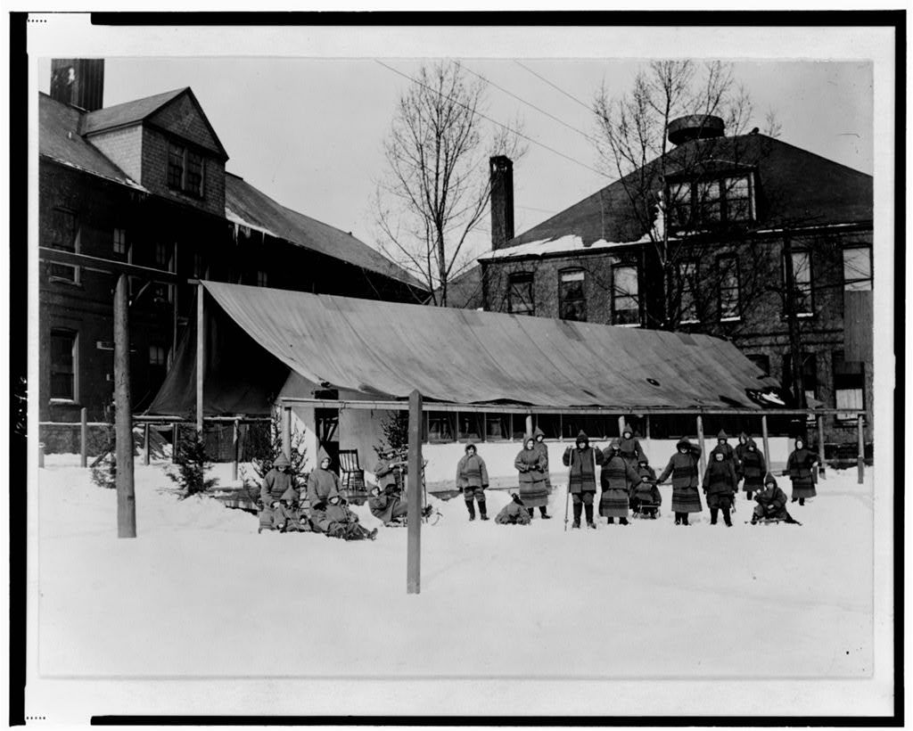 Children in the snow outside of an open-air school in Rochester, New York sometime between 1900 and 1920.